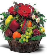 Fruit basket of 3 red Apples, 2 Pears, 2 Oranges, Grapes with 5 white Carnations