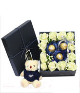 12 White Roses,3 Cholocates,Bear,Gift Box included